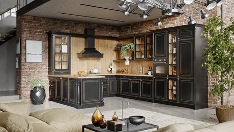 Schwarze Landhausküche mit Holzpaneelen von Oster Schwarze Landhausküche mit Holzpaneelen von Oster in Industrie-Loft