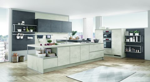 Moderne Küche mit Fronten in der Ausführung Weißbeton Nachbildung Küche in modernem Design mit Fronten in der Ausführung Weißbeton Nachbildung