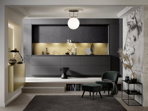 Moderne, greeploze keuken Donkergrijze greeploze keuken in minimalistisch design